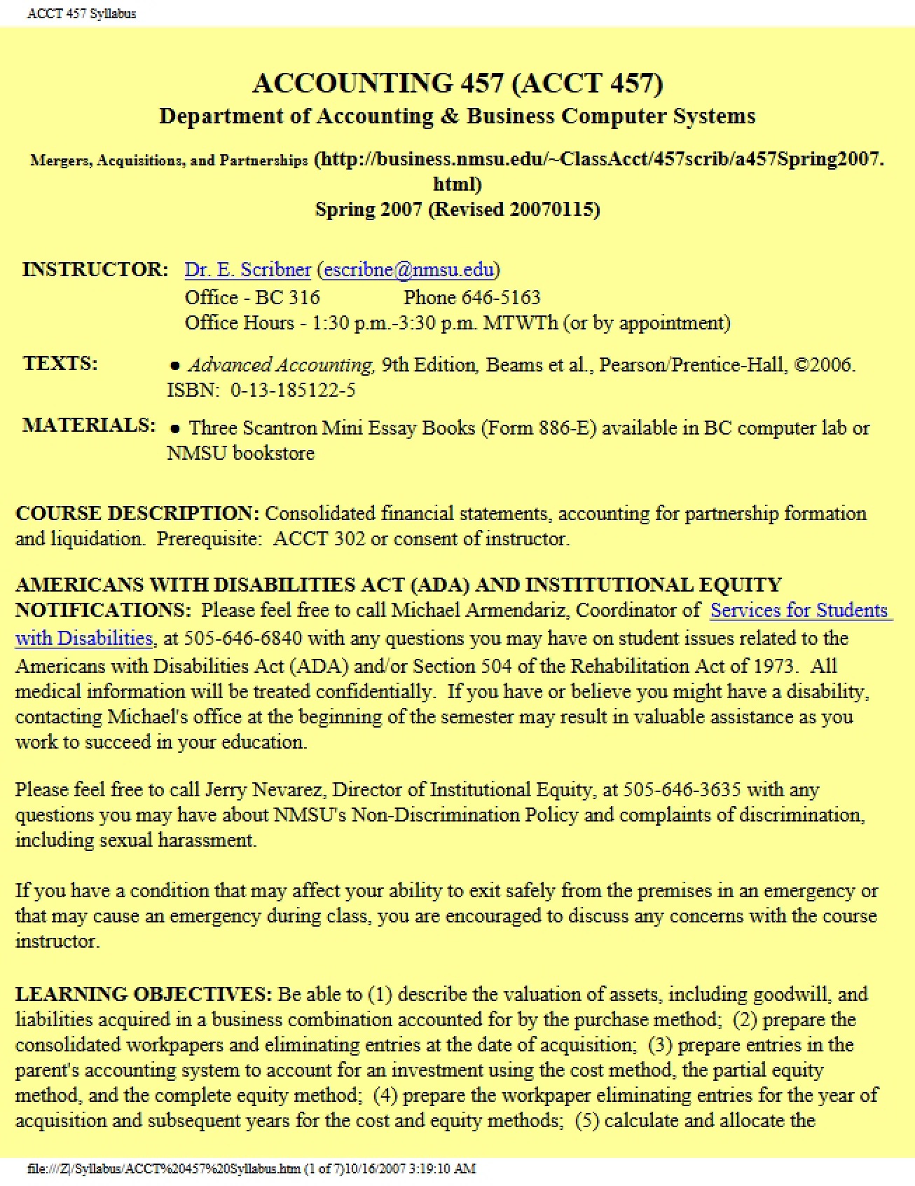 Mergers, Acquisitions, and Partnerships Syllabus from Spring 2007 by Dr. Ed Scribner