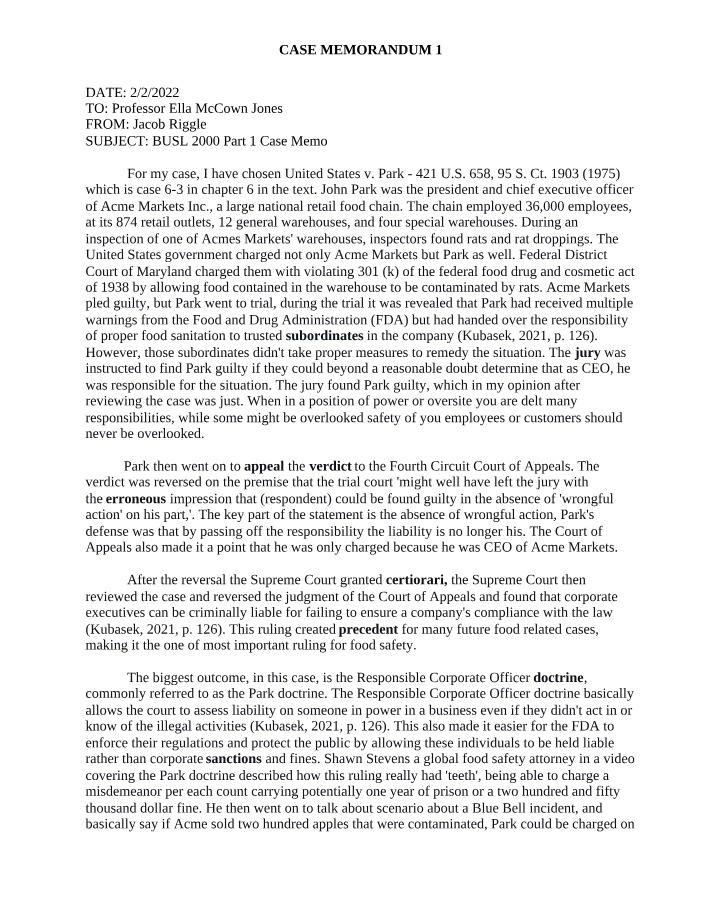 Memorandum 1 - Case