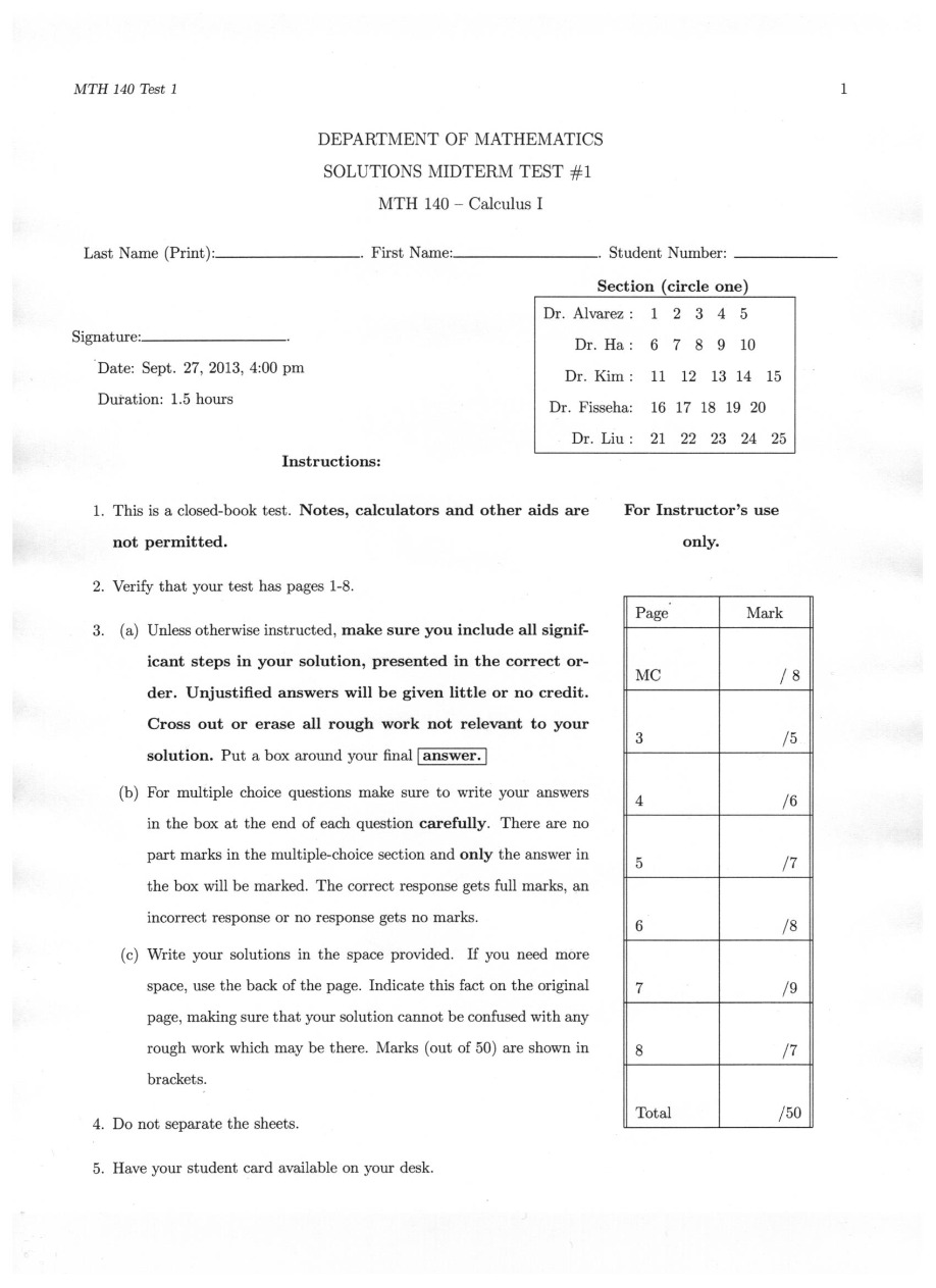 MTH 140 Test 1 Solutions Set A