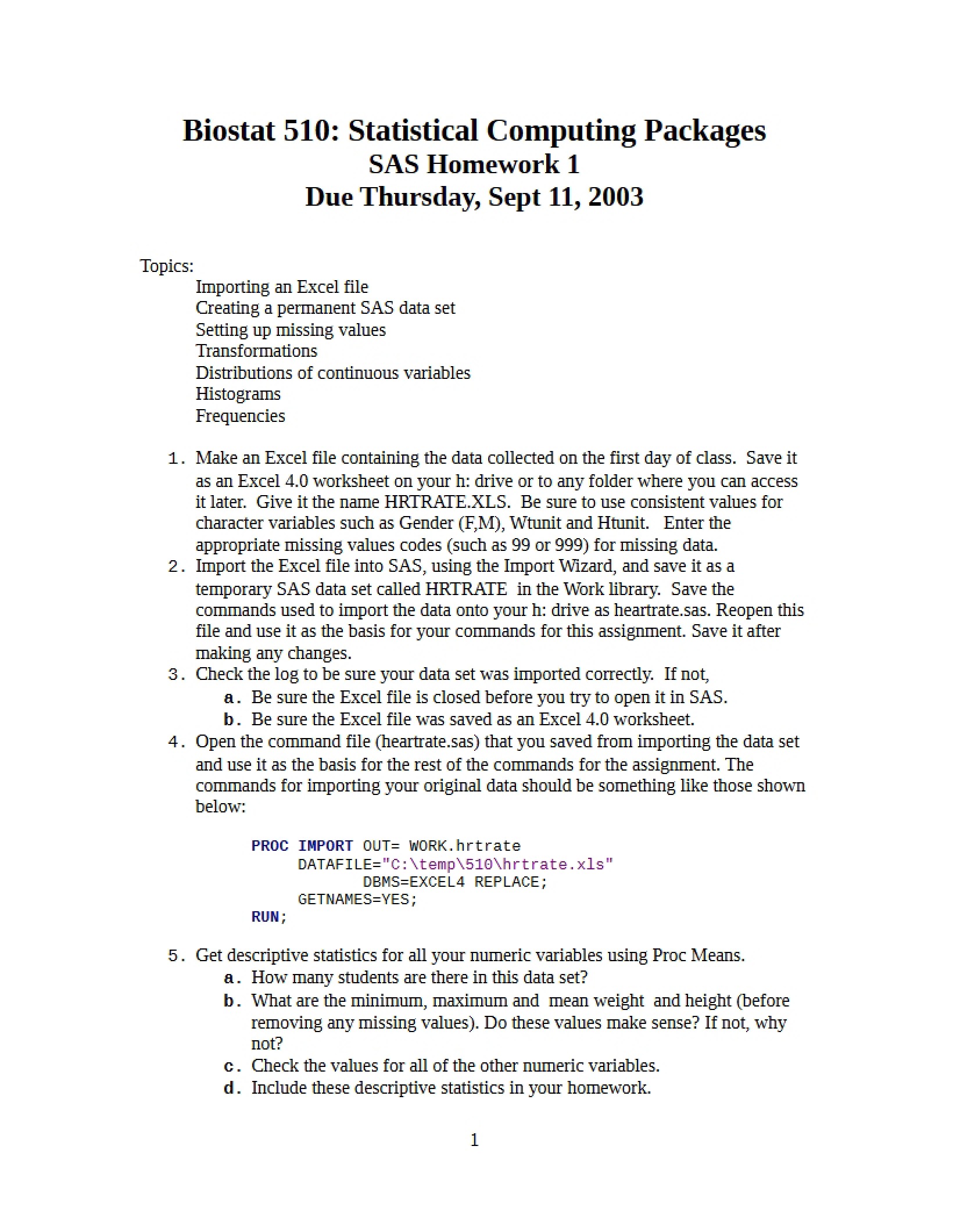 First Assignment in SAS
