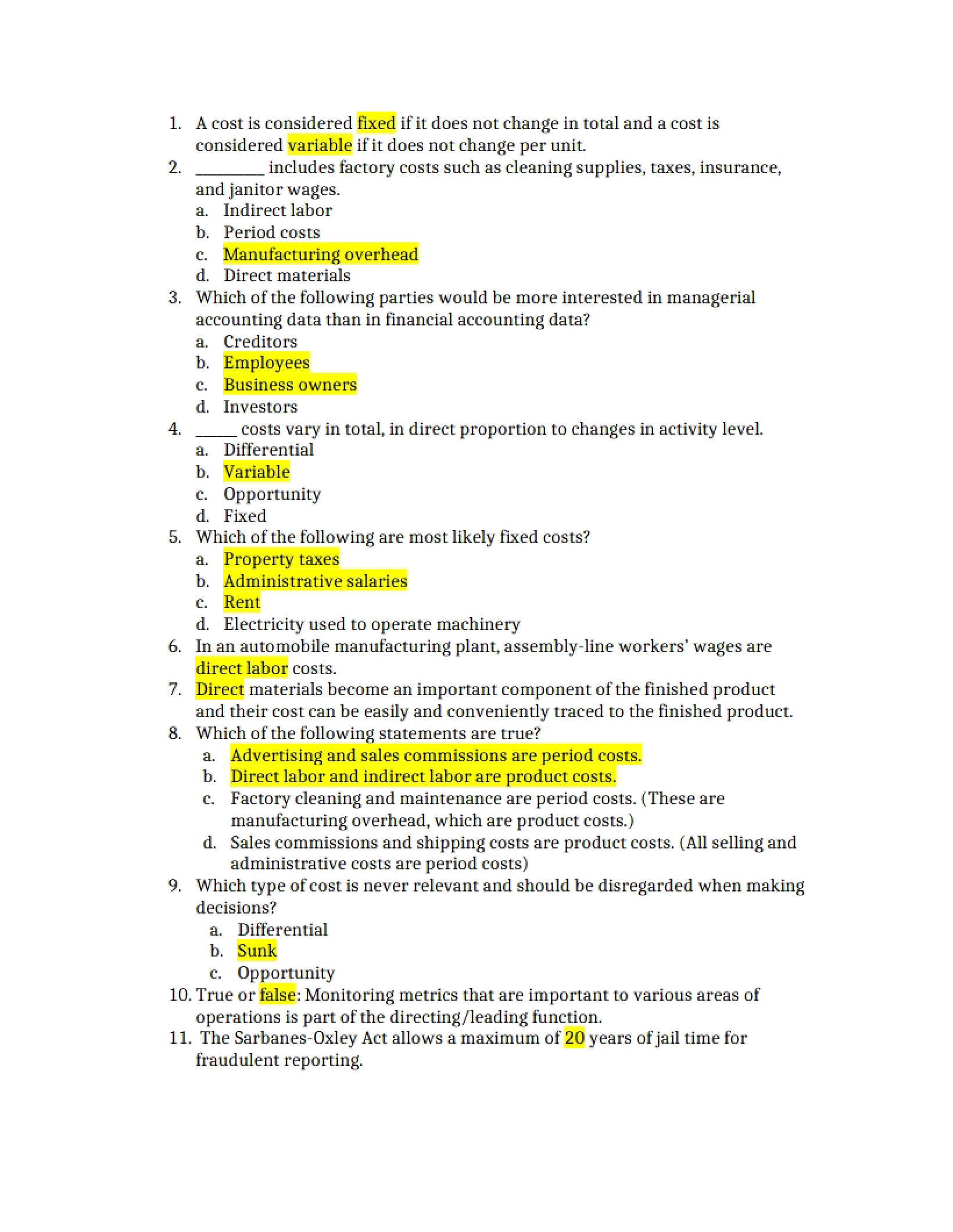 Managerial Accounting Exam