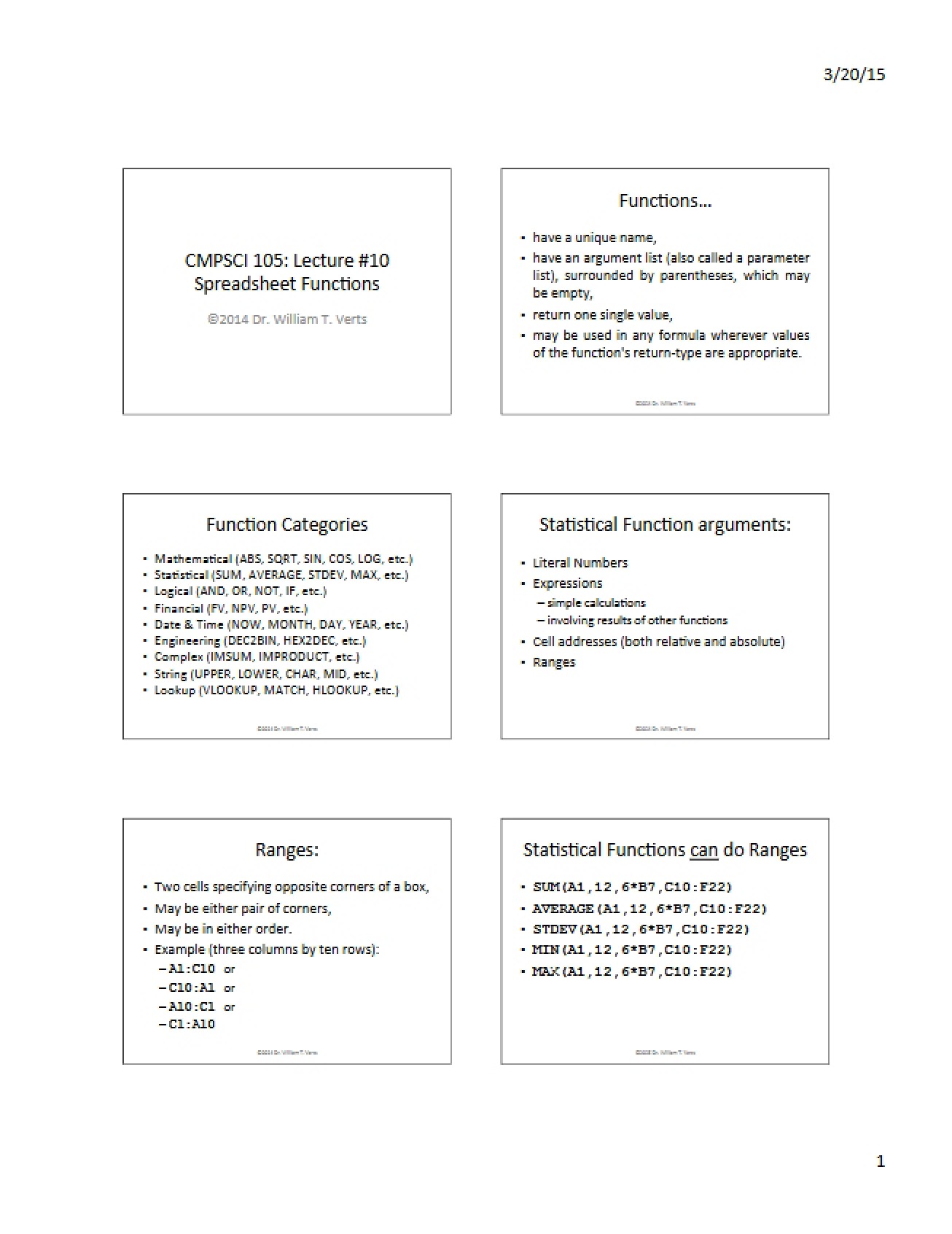 Spreadsheet Functions Lecture 10