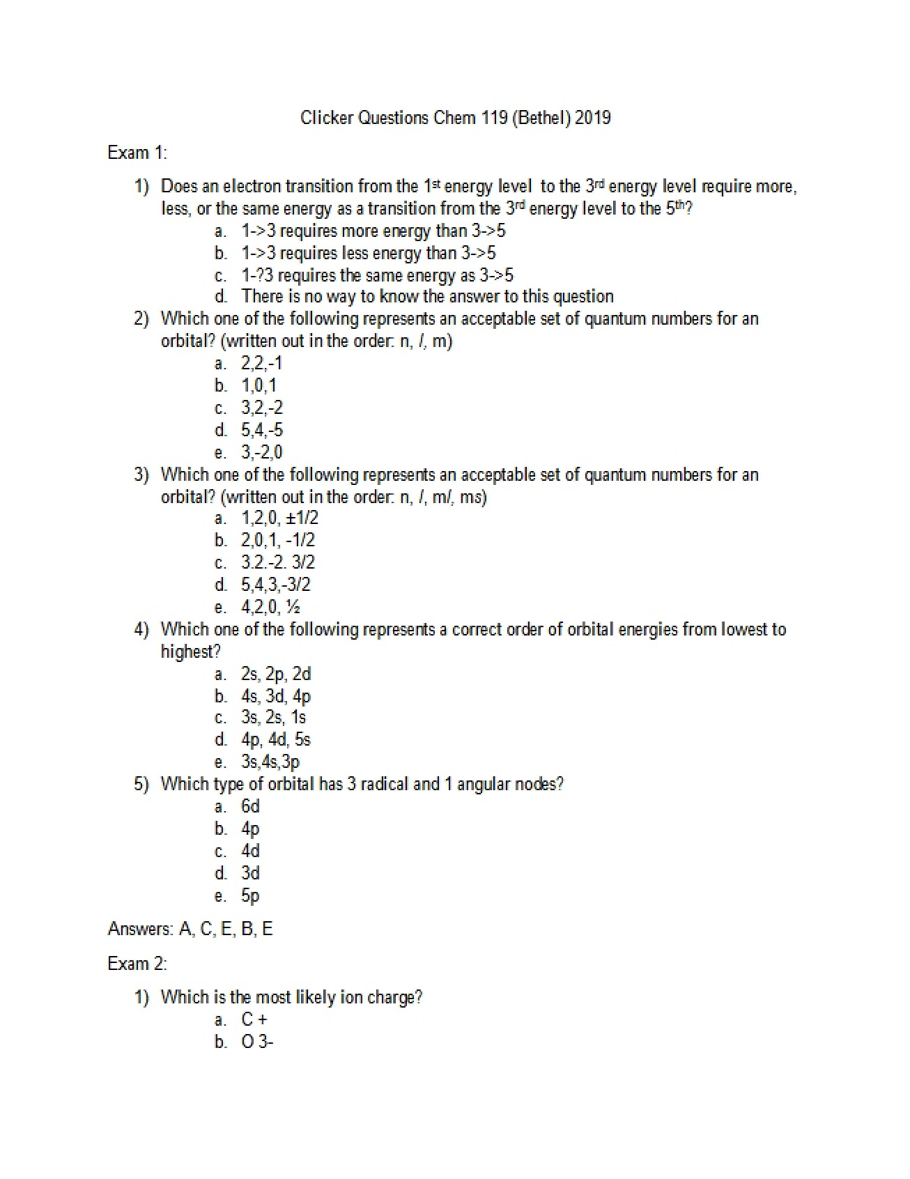 Set of Clicker Questions for Fundamentals of Chemistry I