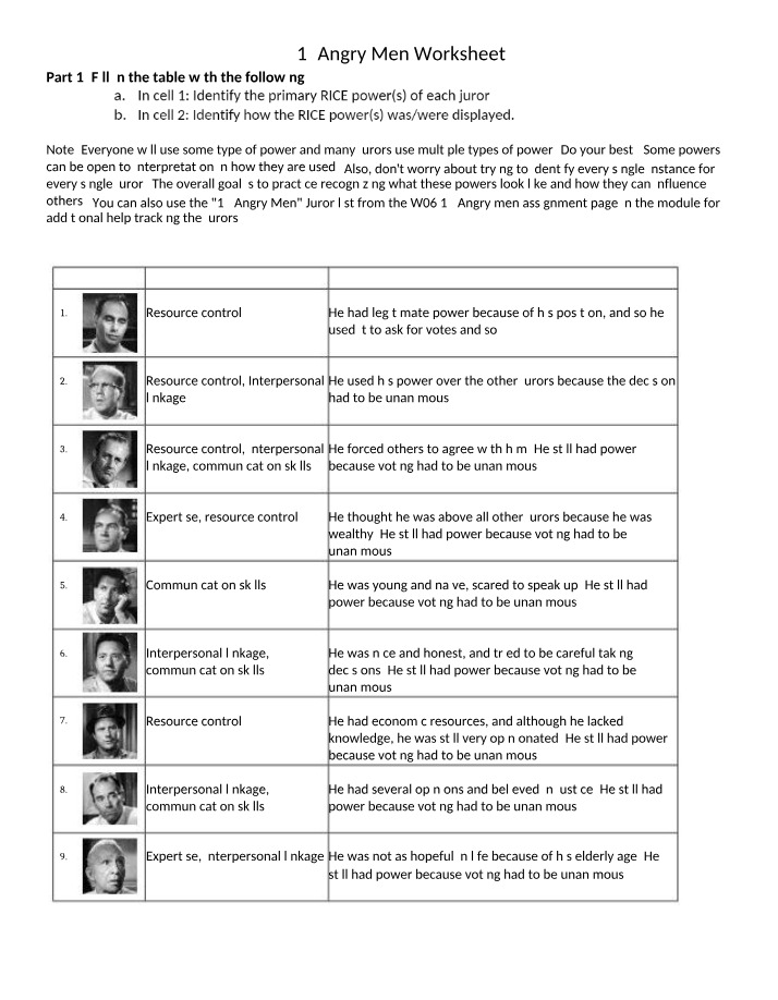 Worksheet on 12 Angry Men