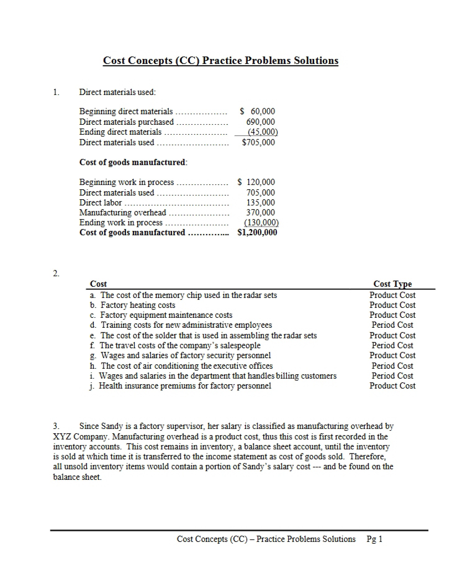 Solutions for Cost Concept Practice