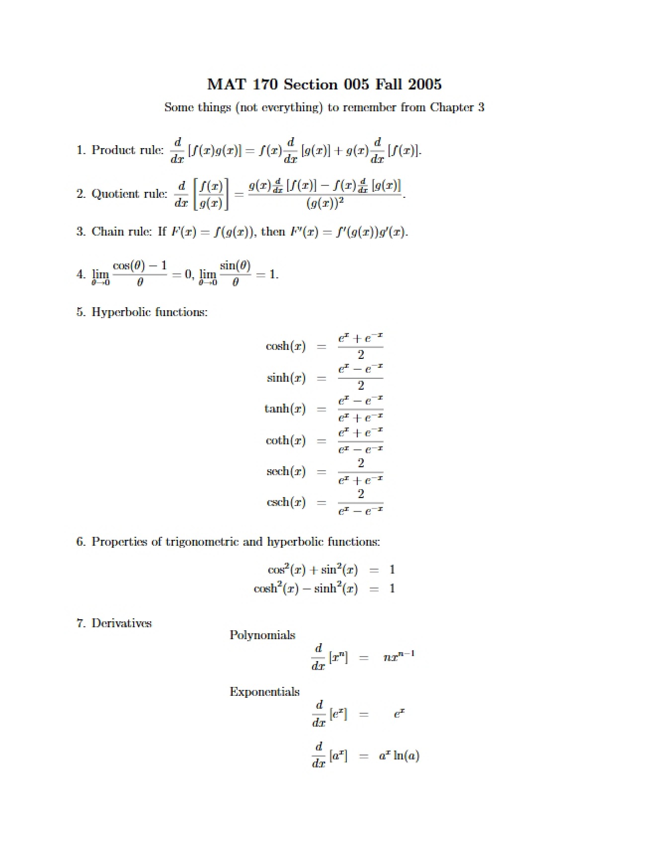 Third Review for Calculus I