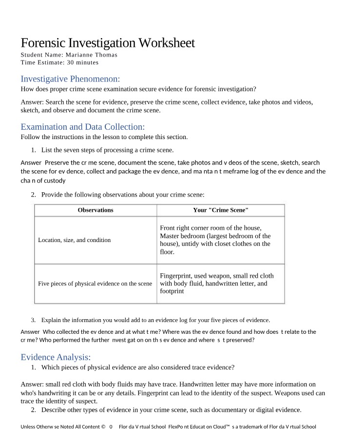 Worksheet on Forensic Investigation