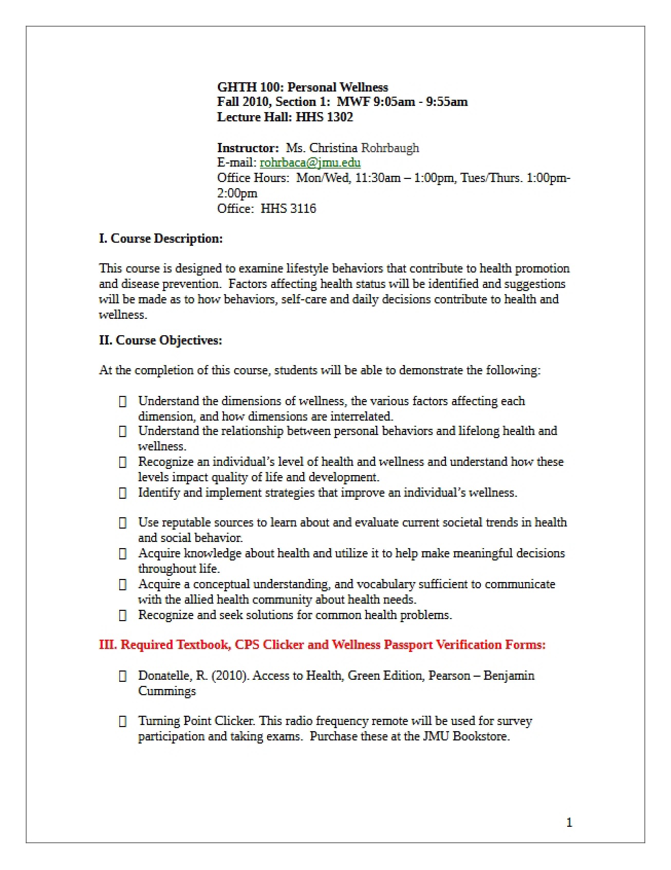 Fall 2010 Syllabus for Section 1, 905 AM