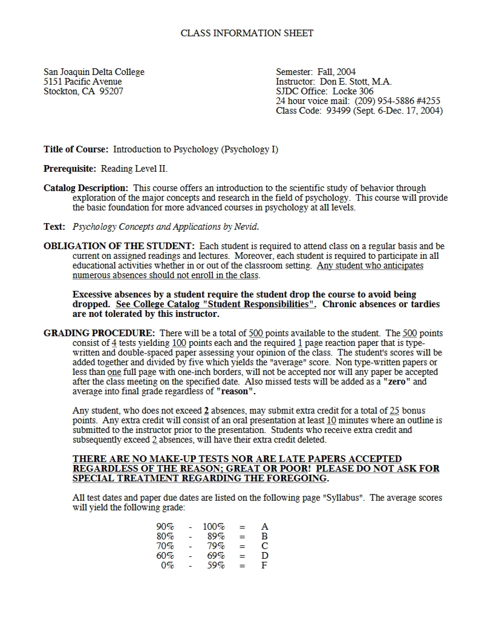 Information Sheet for Psychology Class