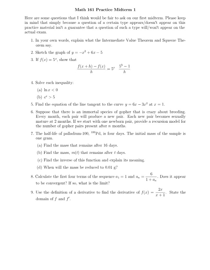 Practice Midterm 1 Questions for Math 161