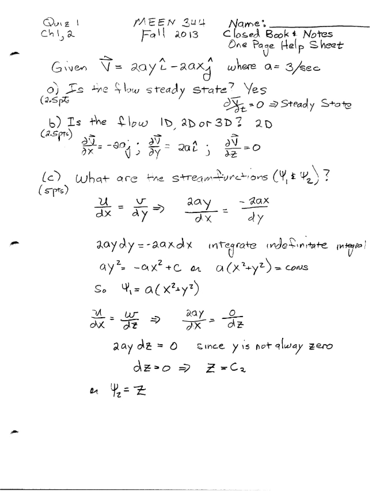 Fall 2013 Fluid Mechanics Exam Solutions (Set 10)