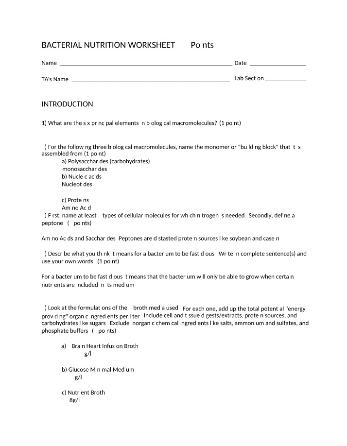 Worksheet on Bacterial Nutrition