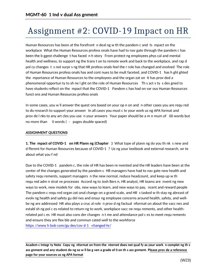 Assignment 2 - The Impact of COVID-19 on HR