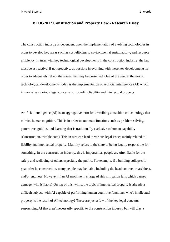 Research Essay for BLDG2012 Construction and Property Law
