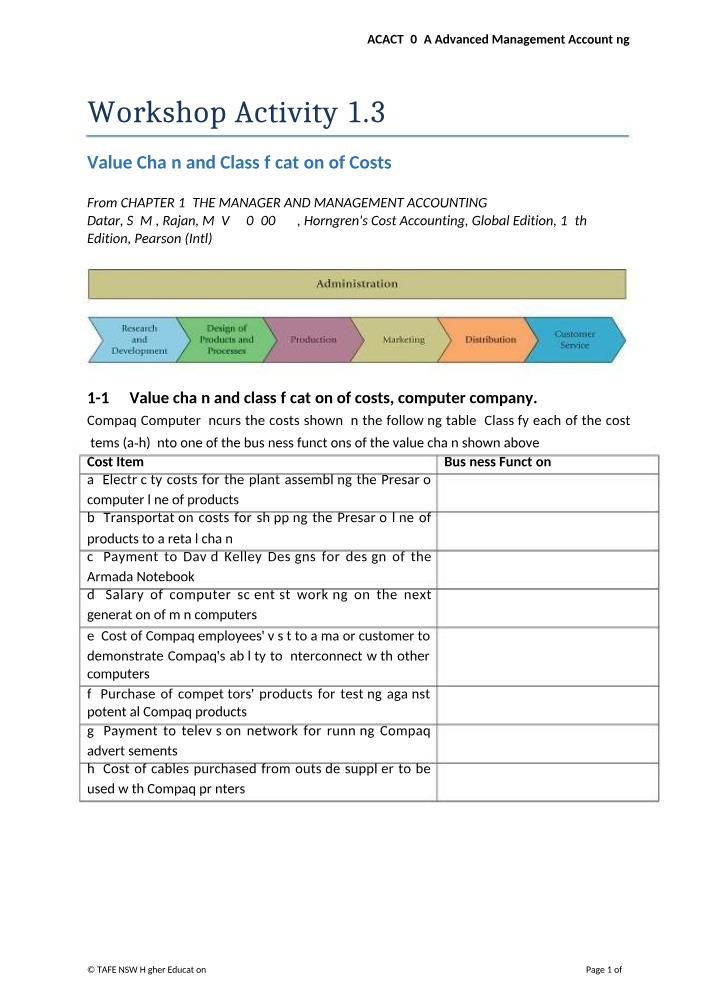 Workshop Activity 1.3 - Value Chain and Cost Classification