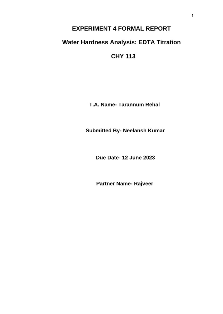 Water Hardness Analysis - EDTA Titration Report