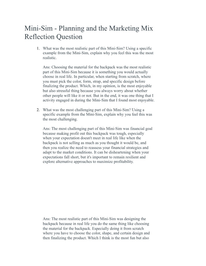 Planning and the Marketing Mix - Mini-Sim Reflection