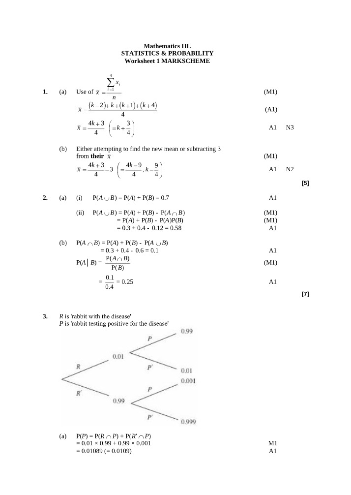 Markscheme for Statistics & Probability Worksheet 1