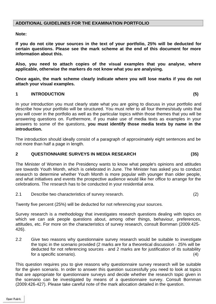 Examination Portfolio - Additional Guidelines