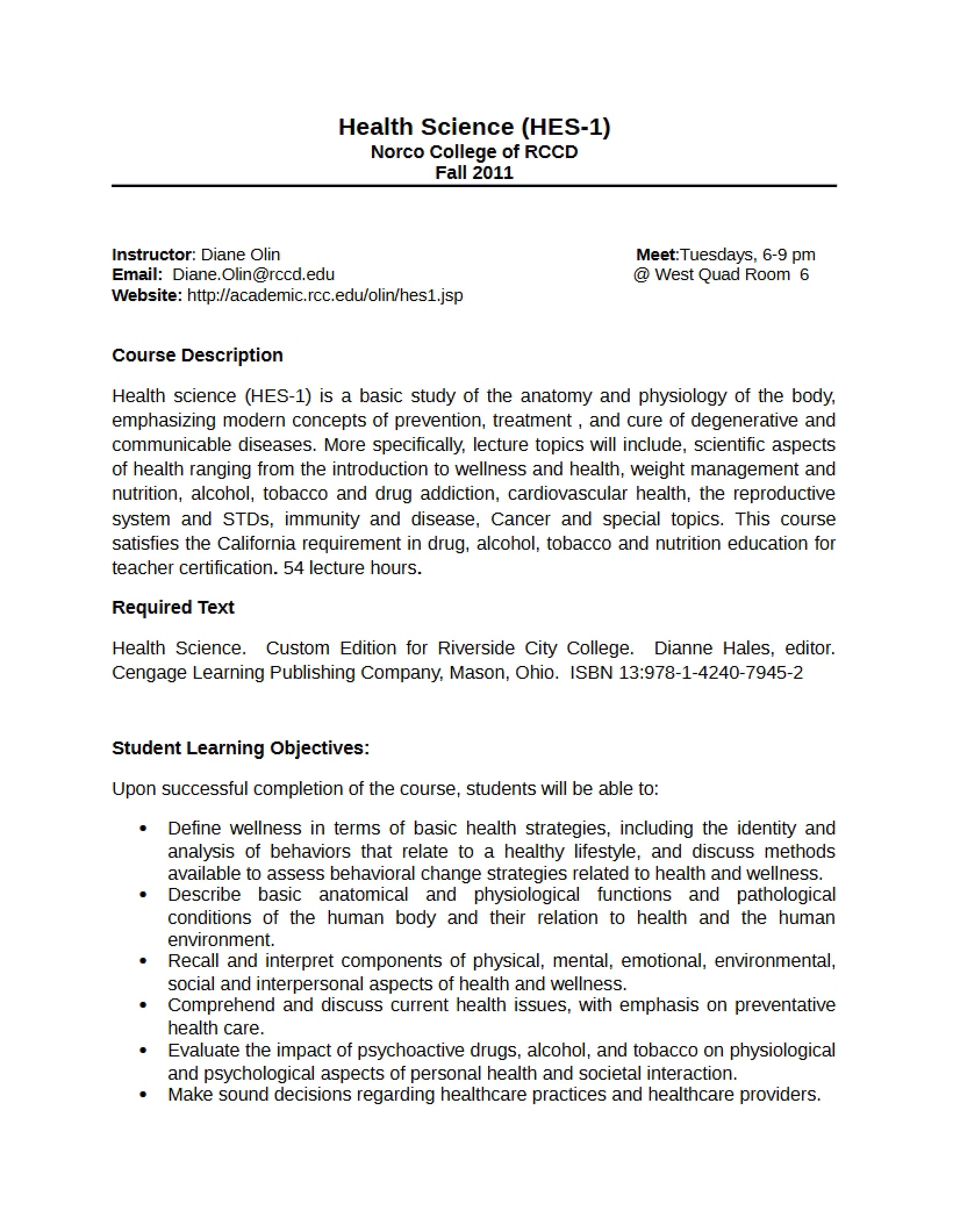 Syllabus for Health Science