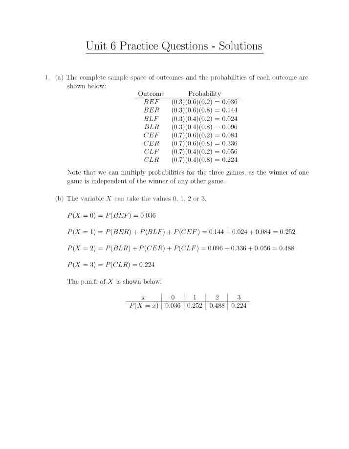 Unit 6 Solutions and Probability Analysis