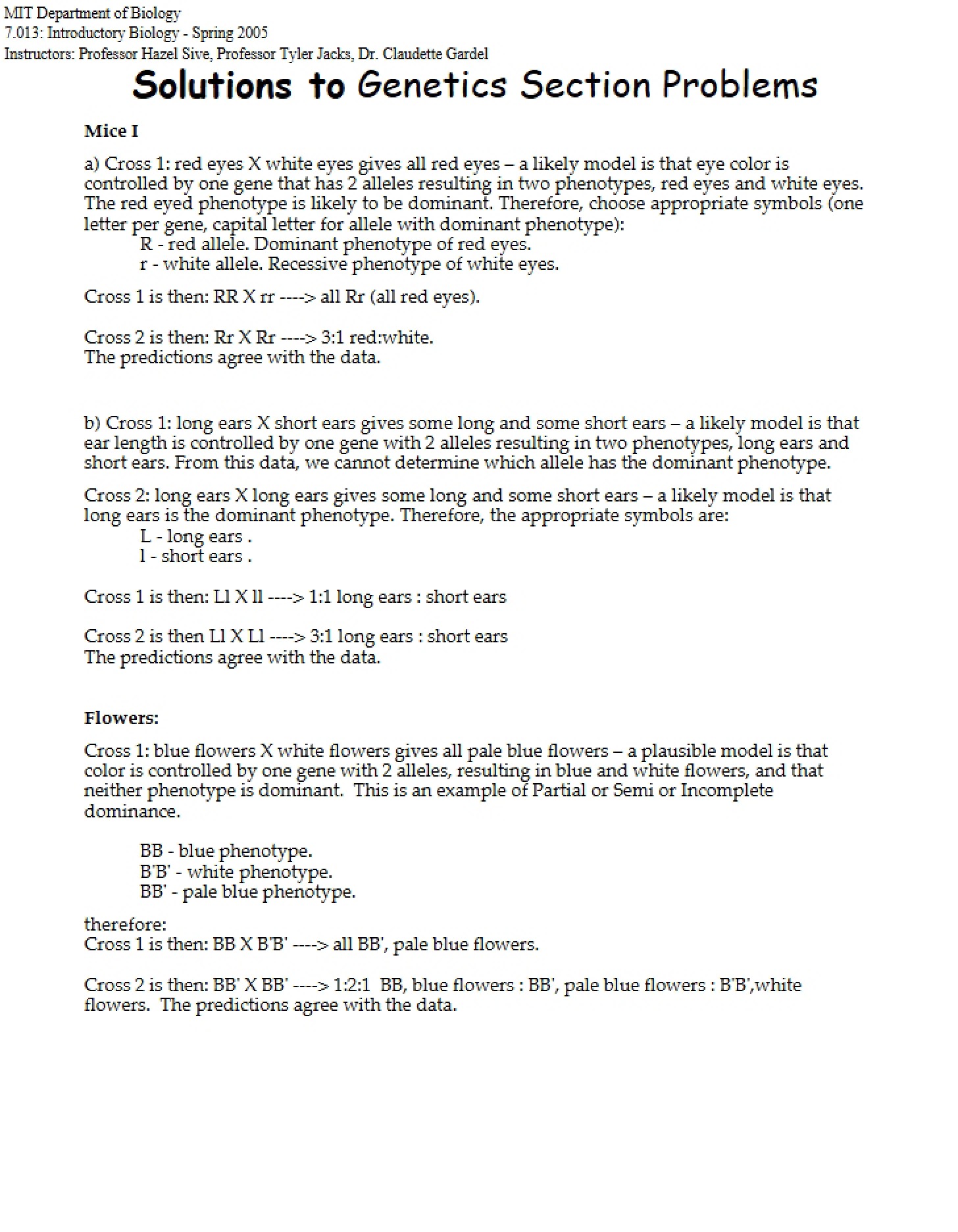 Answers for Genetics Section Exercises