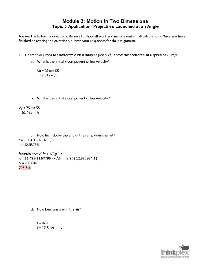 Assignment on Projectile Motion Launched at an Angle