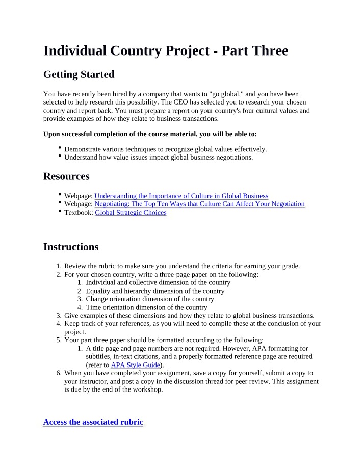 Part Three - Individual Country Project