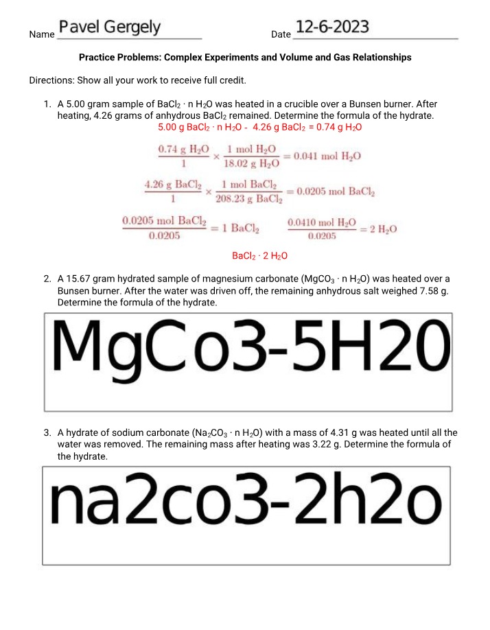 Complex Experiments - Gas and Volume Practice Problems