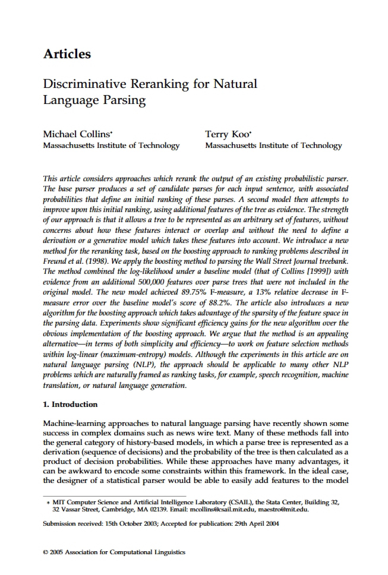 Parsing Natural Language via Discriminative Reranking