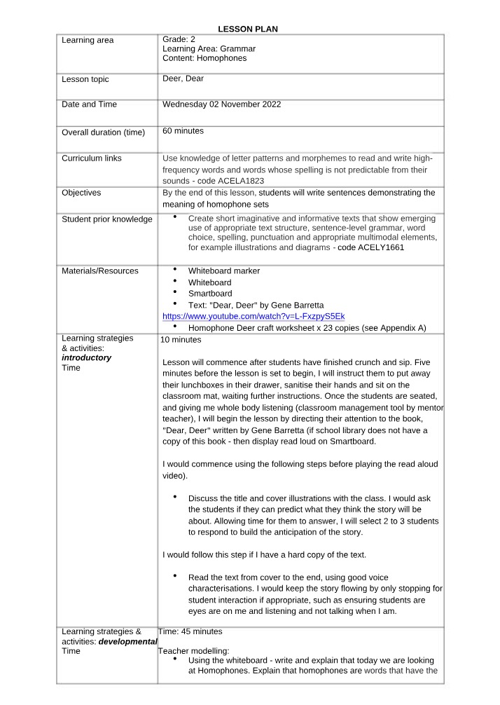 Lesson Plan - Homophones