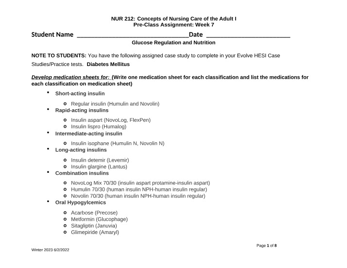 Week 7 Pre-Class Assignment - Glucose Regulation and Nutrition