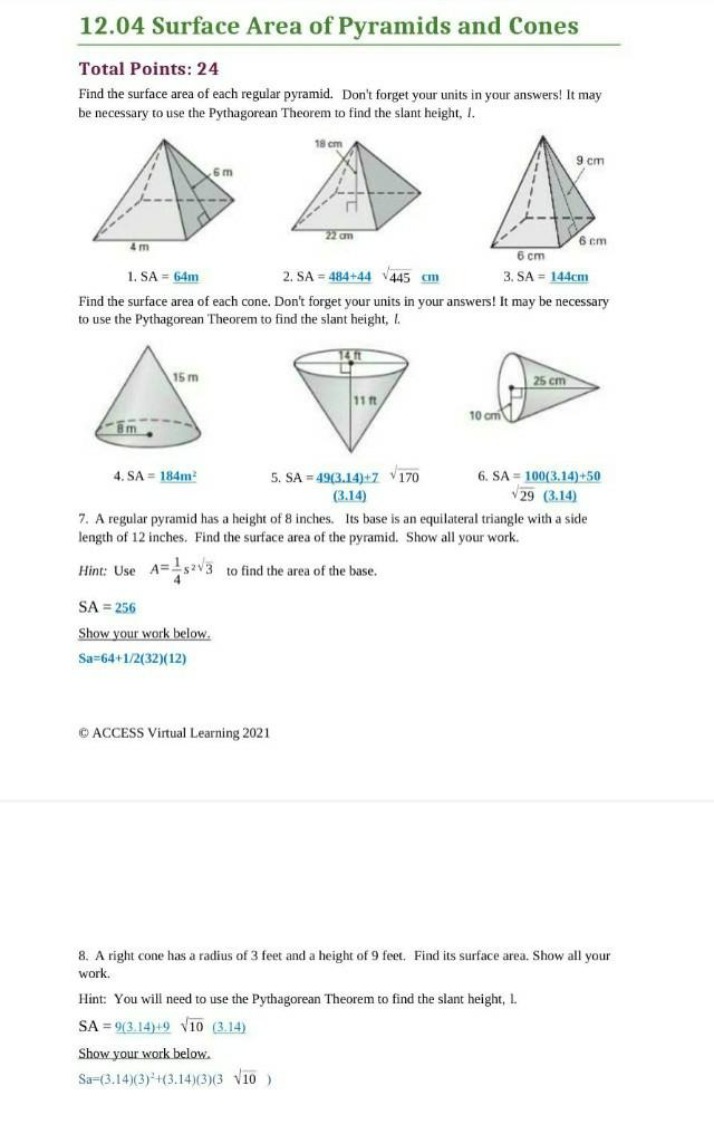 Surface Area Calculations for Pyramids and Cones