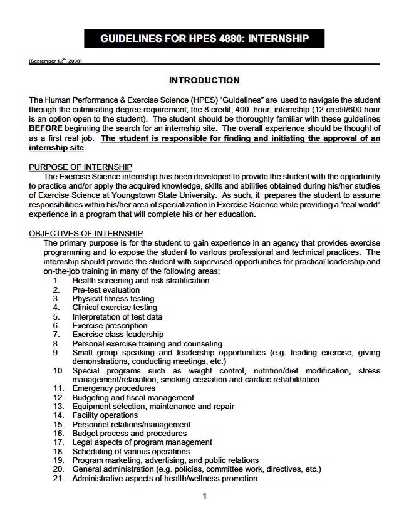 HPES 4880 Guidelines for Internship