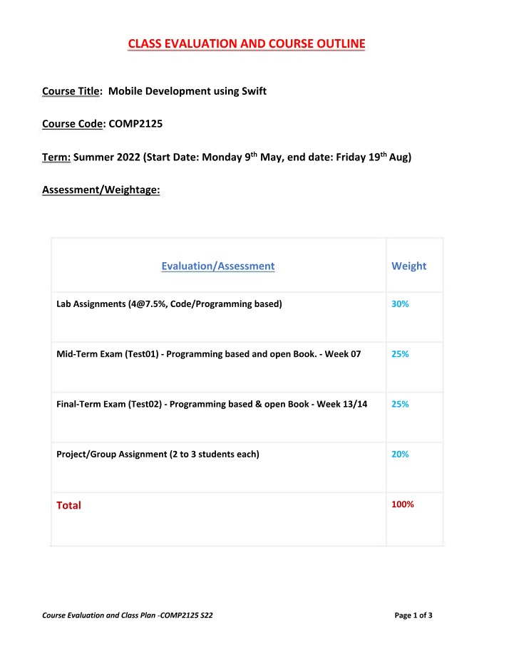 Course Outline - Mobile Development with Swift