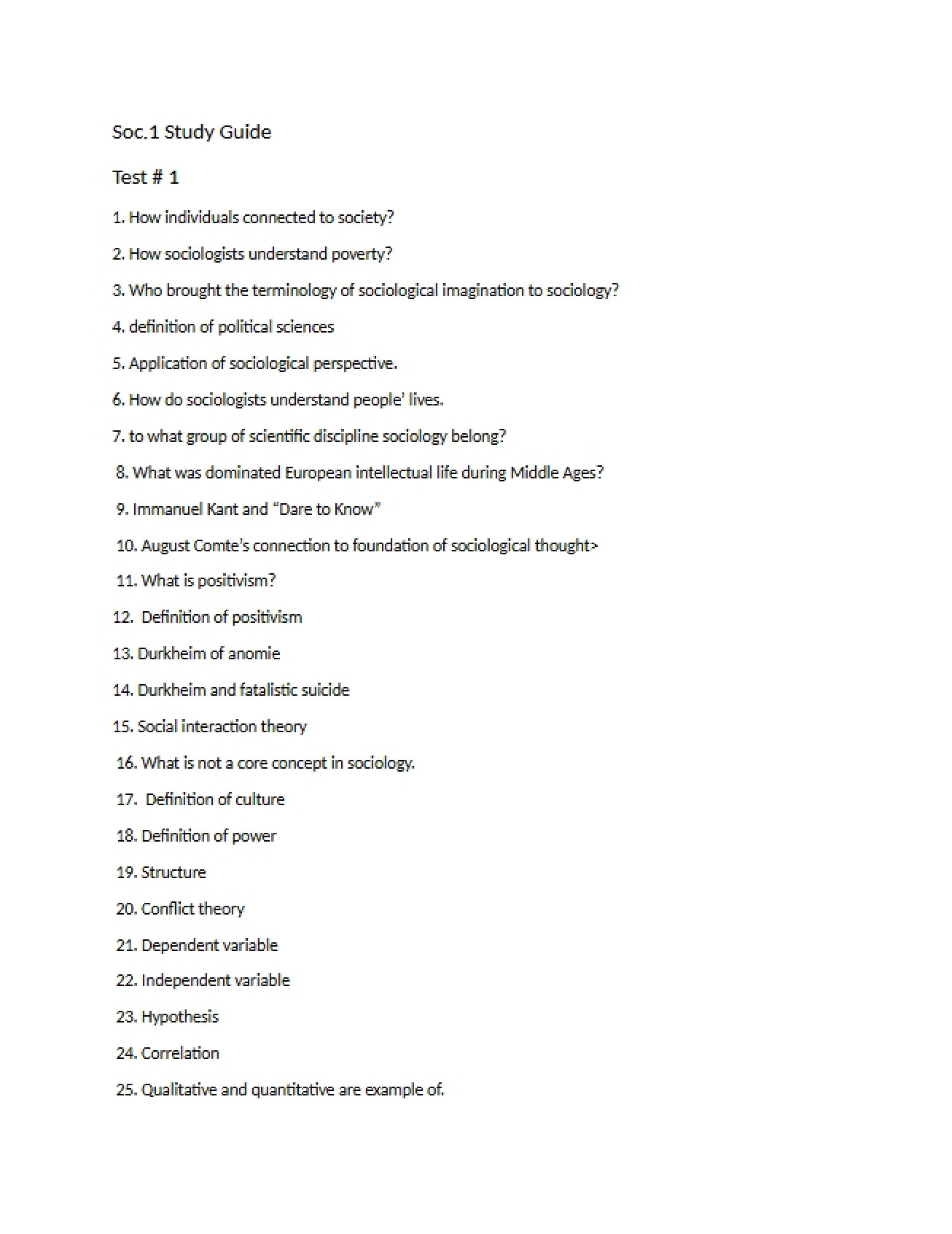 Spring 2017 Test One Guide for Sociology