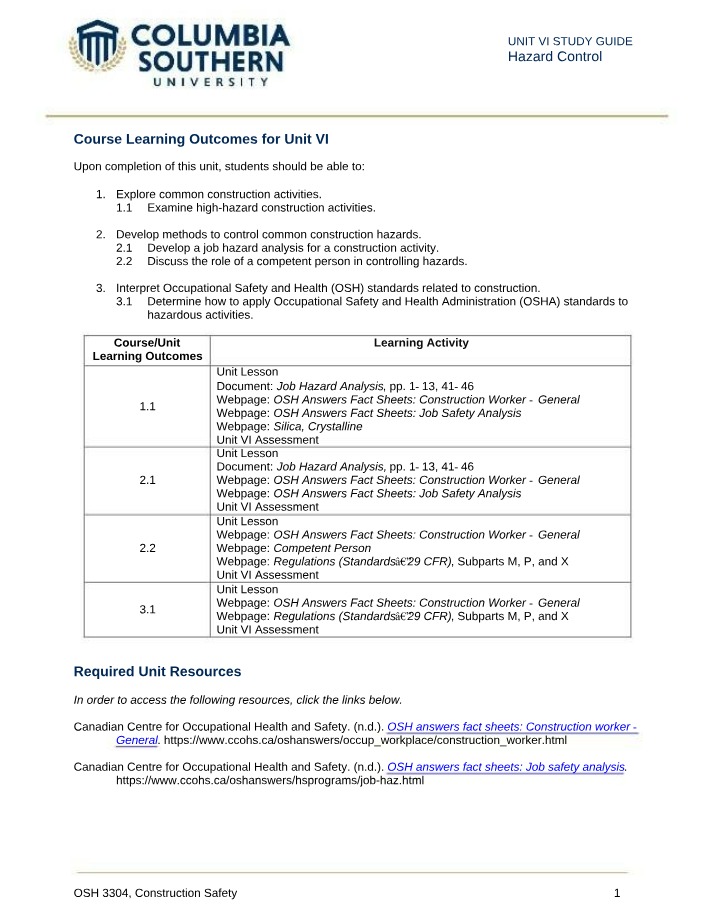 Study Guide for Hazard Control