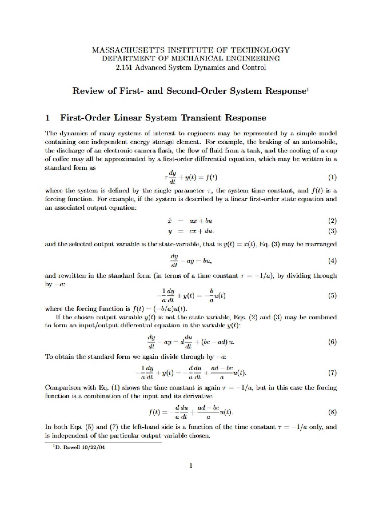 First- and Second-Order System Response Review