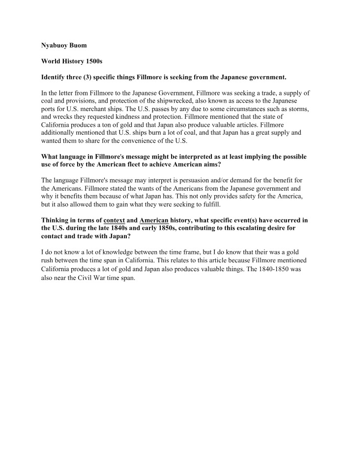 Message from Fillmore to Japan