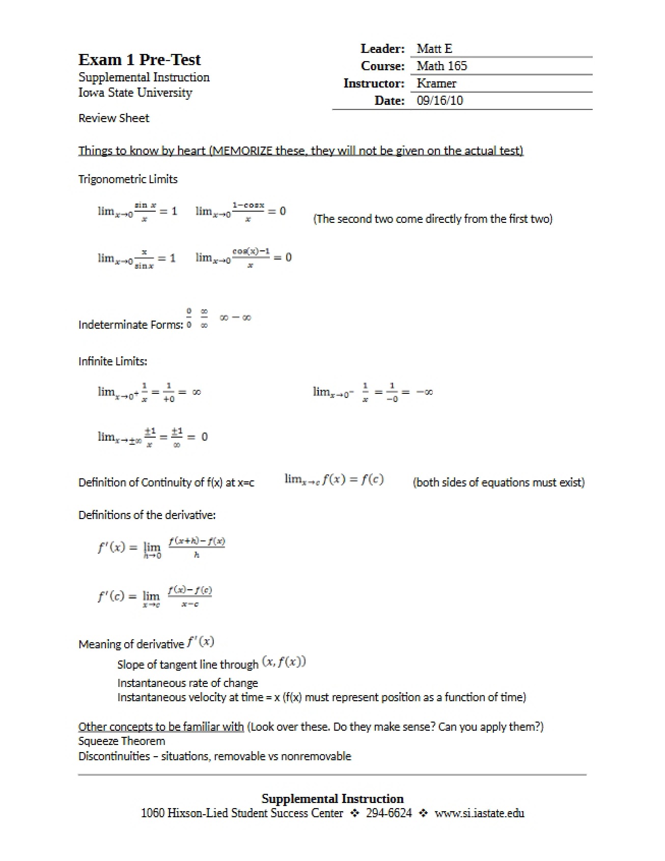 Pre-Test for the First Examination in Calculus I