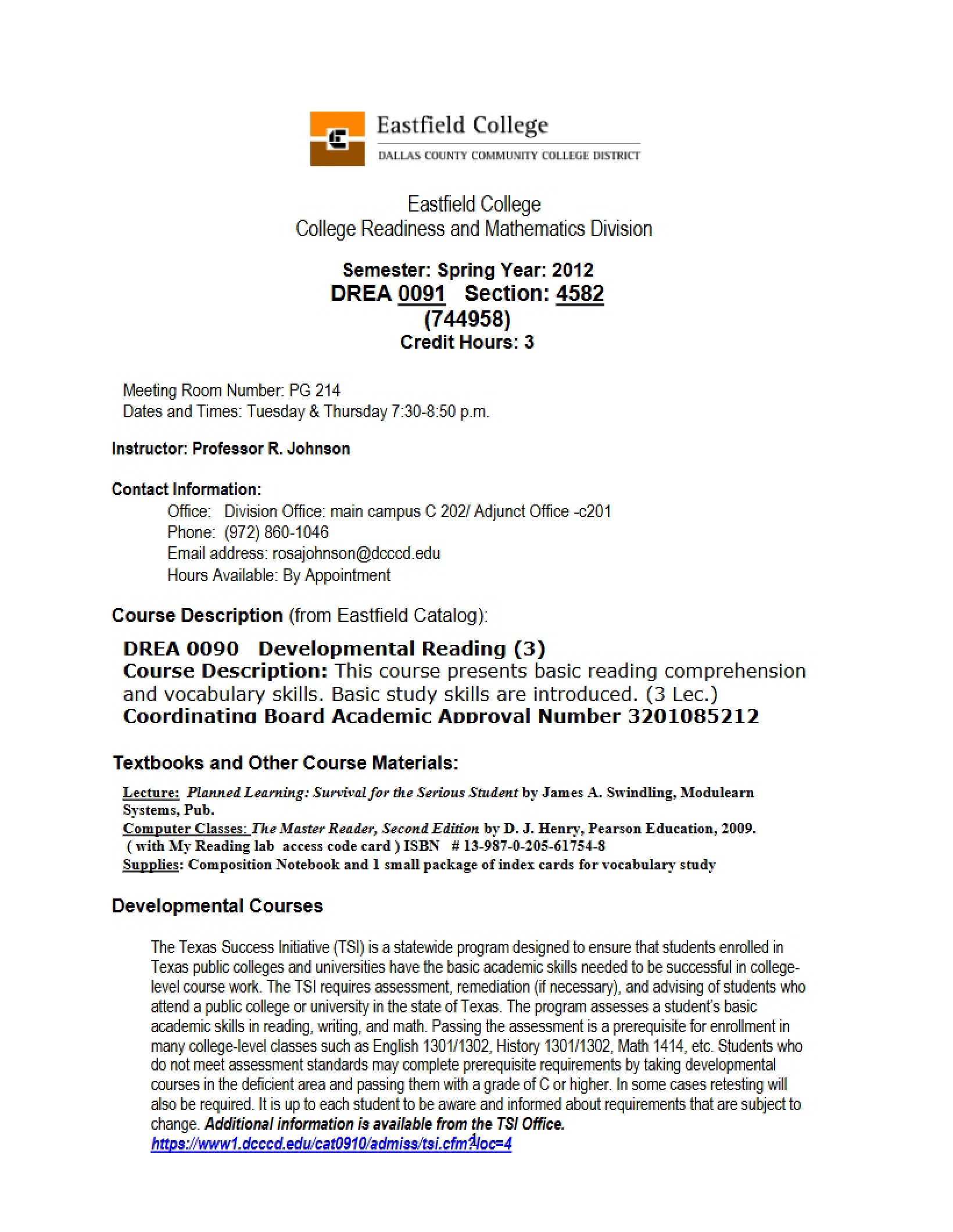 Syllabus - Developmental Reading