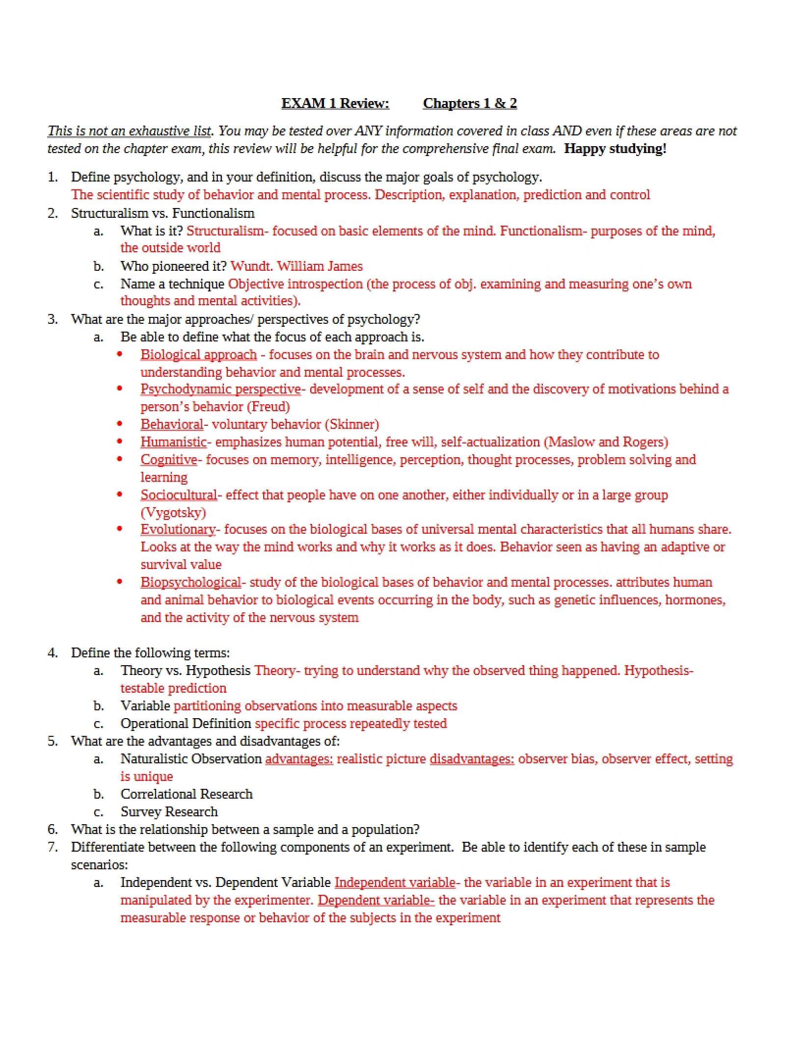 Review for Psychology Exam One