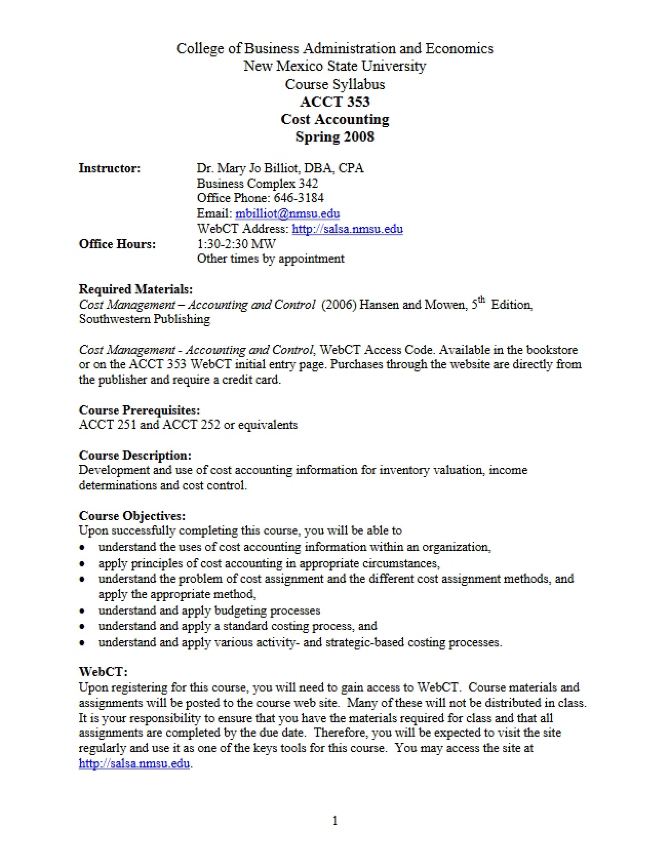 Cost Accounting Course Syllabus