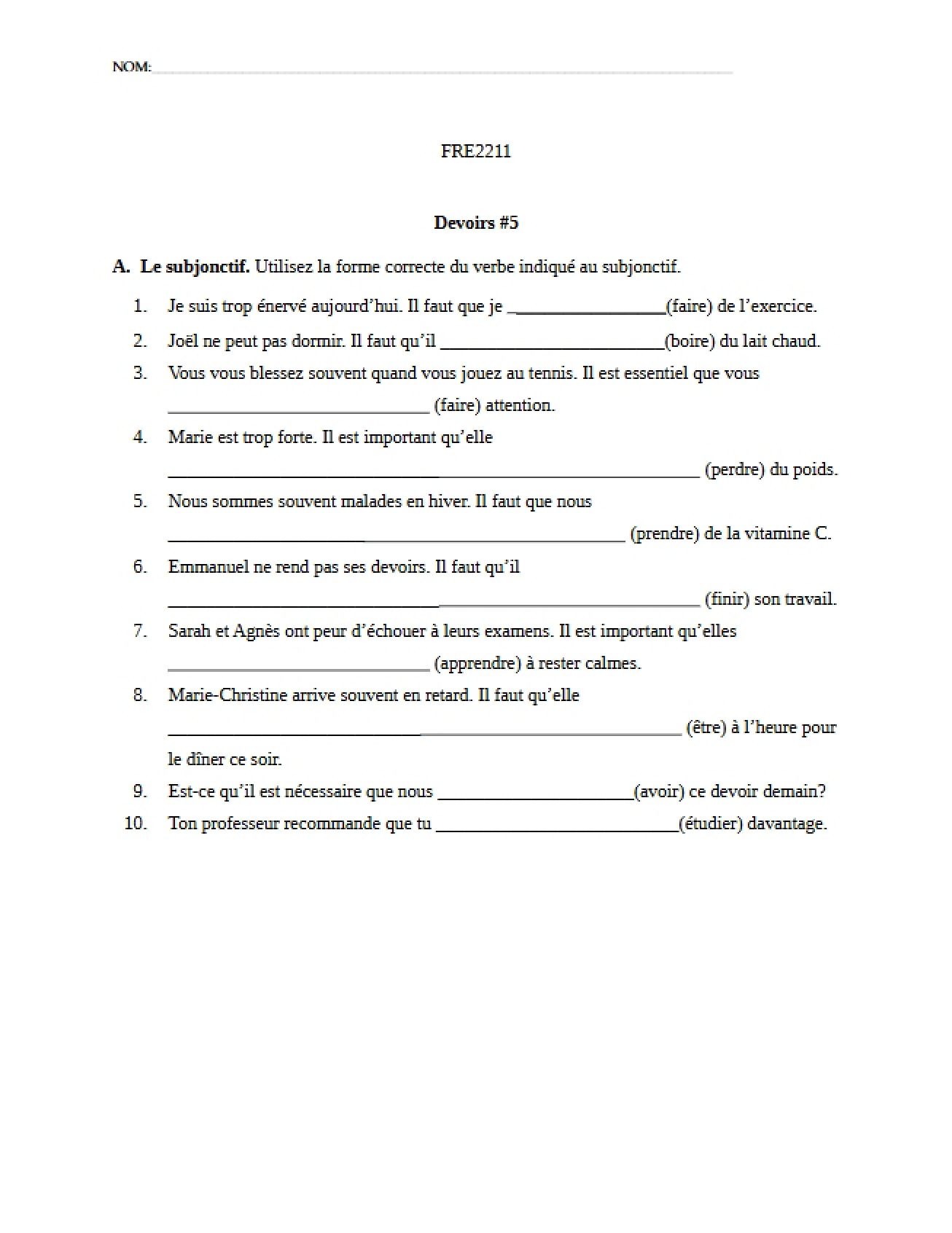 Intermediate French Fifth Homework Set