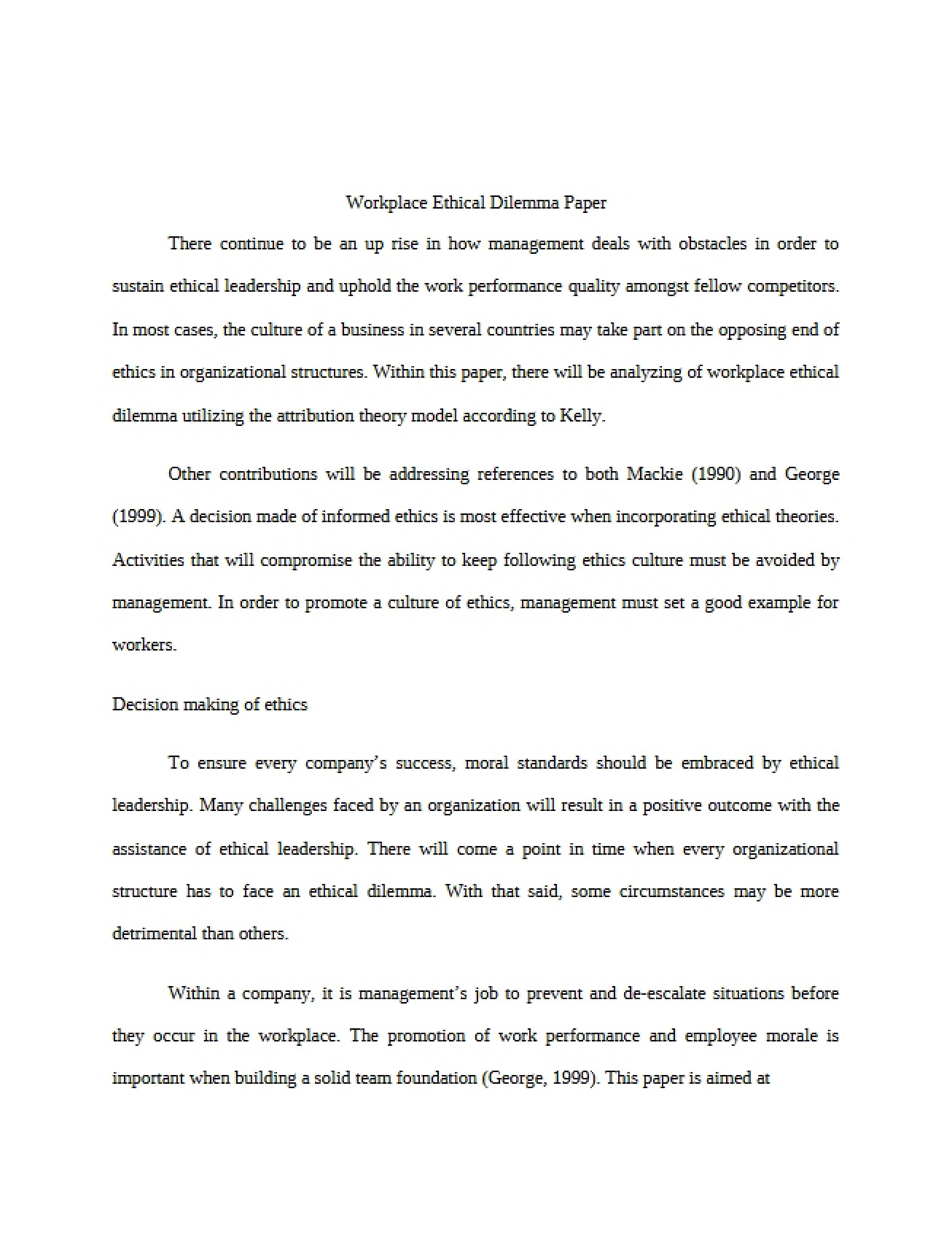 Workplace Ethical Dilemma Paper