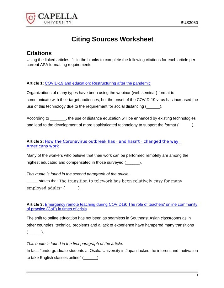Worksheet - Citing Sources and APA Formatting