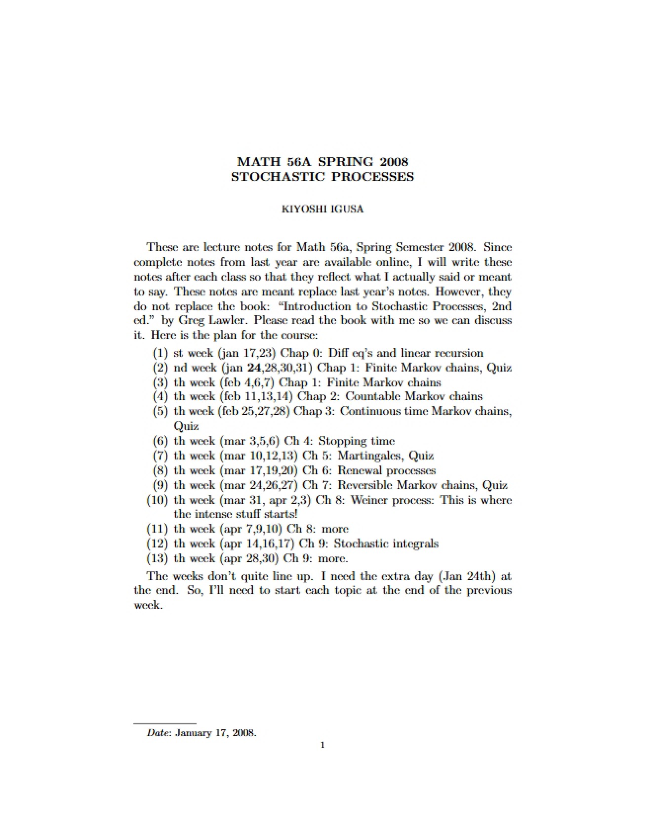 Spring 08 Stochastic Processes - Part I