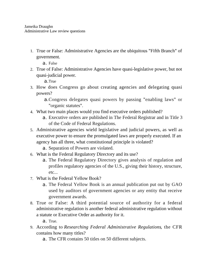 Review Questions for Administrative Law