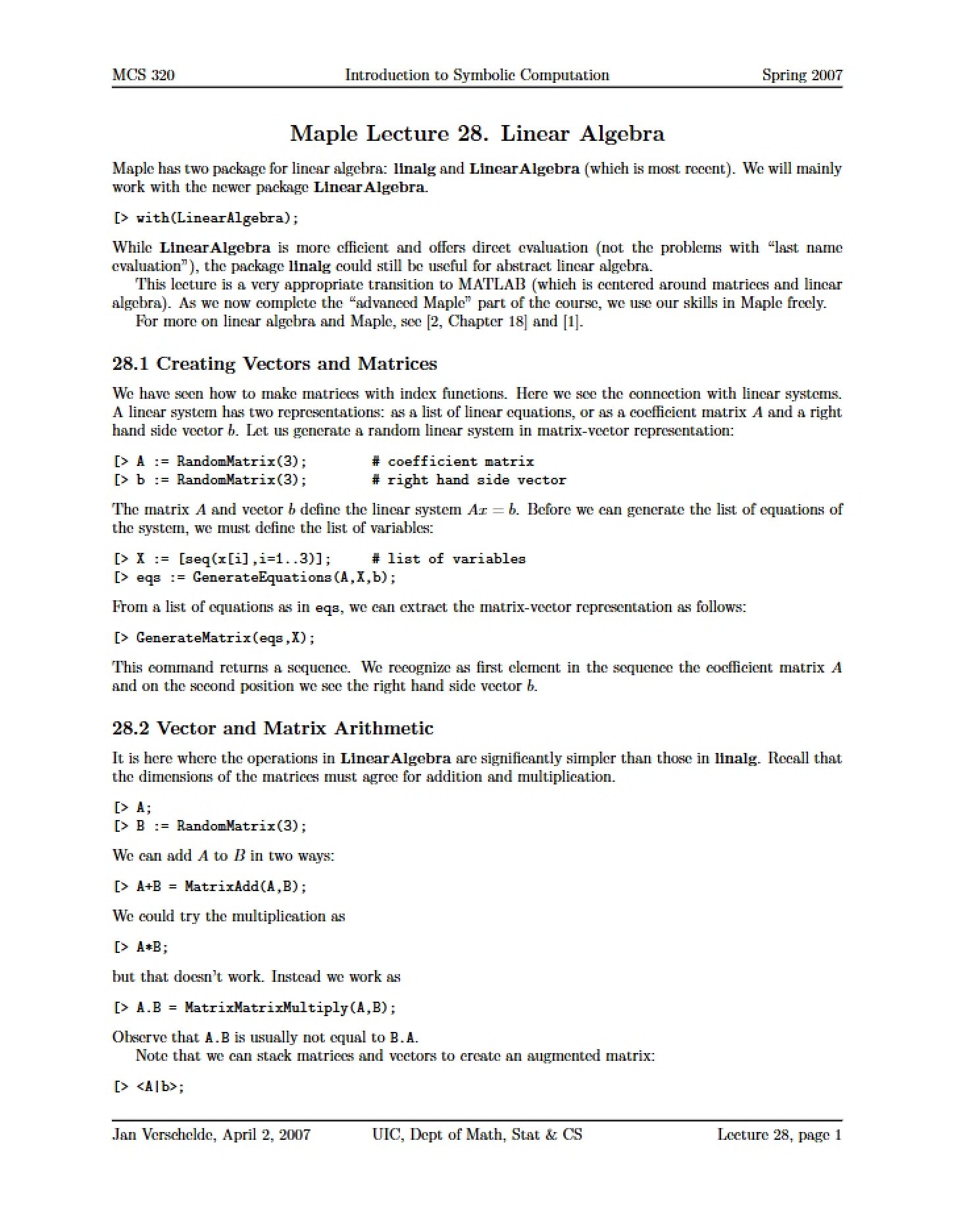 Linear Algebra (Maple Lecture 28)