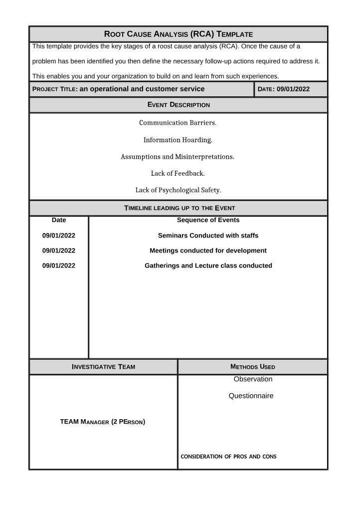 Root Cause Analysis Template